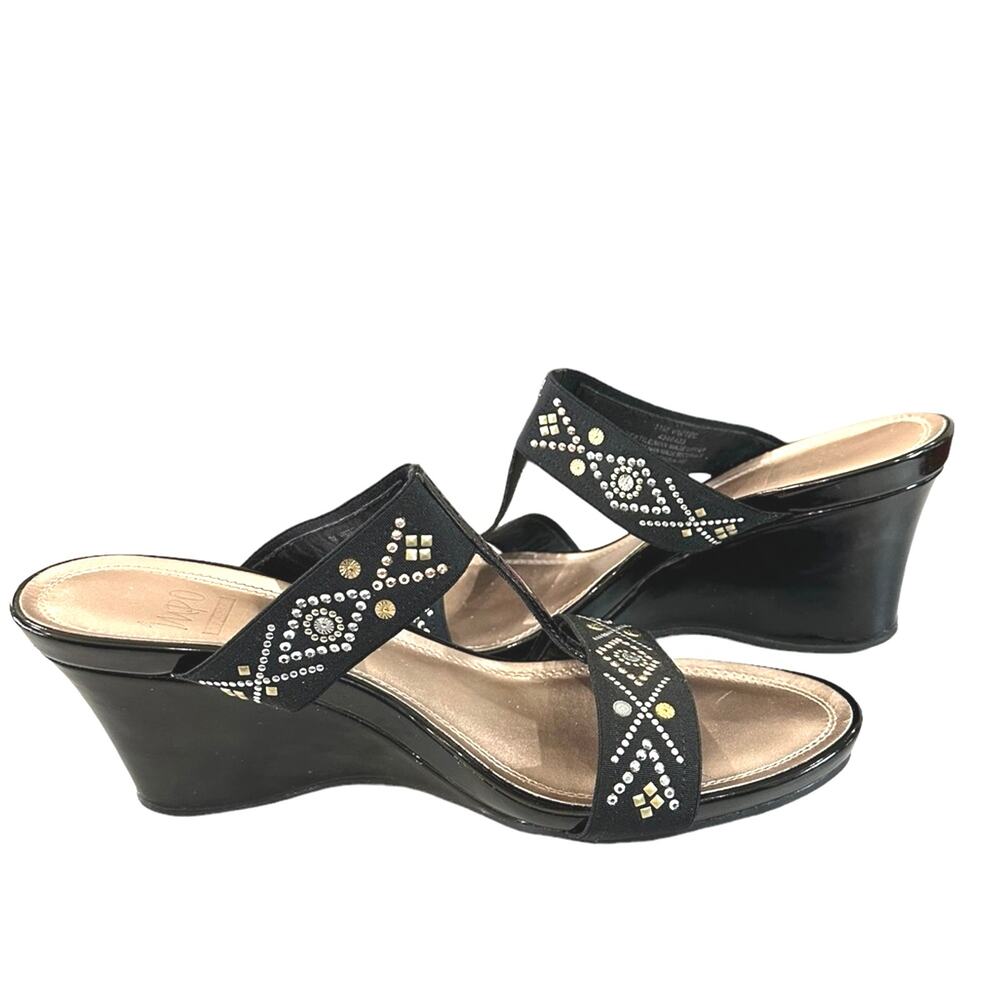 IMPO Aztec slip on mules  slides wedged black faux‎ patent size 11